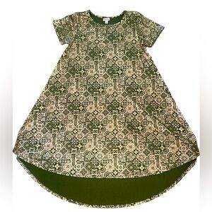 Lularoe Swing Dress Size Medium Green Cream Gold Metallic Shimmer Round Neckline
